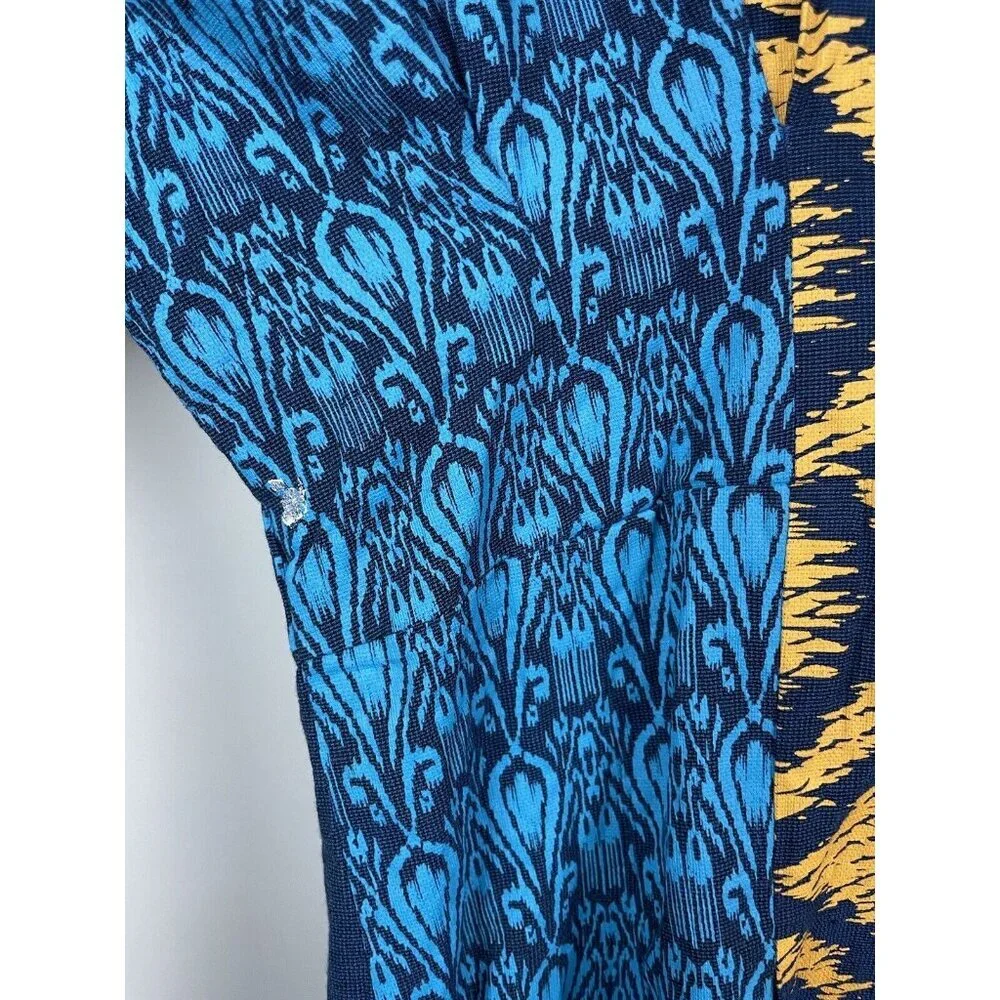 Taaga Blue Yellow Abstract Print Short Sleeve Midi Button Up Kaften Dress Size M